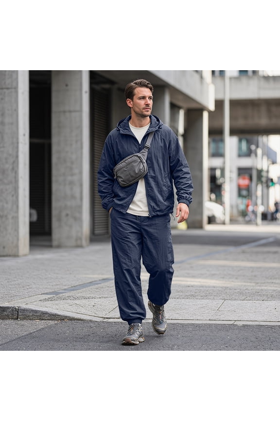 Men's UPF 50+ Sun Protection Tracksuit Lightweight Hooded Windbreaker Jacket and Jogger Pants 2 Piece Outdoor Set Navy XL