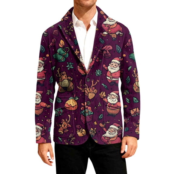 Dwelliawo Men's Ugly Christmas Blazer Tree Print Xmas Graphic Suit Corduroy One Button Notched Lapel Jackets Party Holiday Blazers Classic Sport Coats Wine M