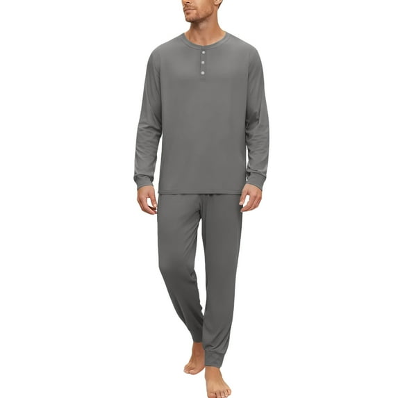Dwelliawo Men's Viscose Pajamas Set 2-Piece Henley Collar Long Sleeve Tee and Pants Pockets Pj Set Lounge Comfortable Loose Fall Winter Fashion Solid Color Sleepwear Dark Gray M