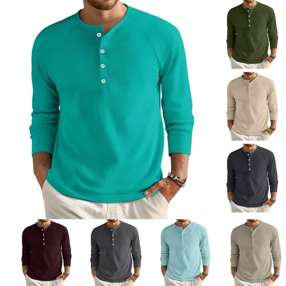 Dwelliawo Men's Waffle Henley Shirts Button Long Sleeve Waffle Henley T-Shirts Winter Casual Stylish Shirt Classic Lightweight Pullover Tees Turquoise 2XL