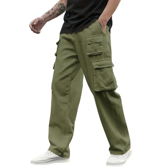 Dwelliawo Men's Wide Leg Cargo Pants Casual Loose Straight Fit Stretch Drawstring Elastic Waist Streetwear Trousers with Pockets Army Green 2xL