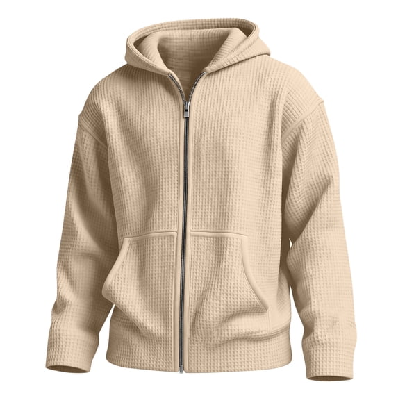 Dwelliawo Men's Zip Up Hoodie Sweatshirt Waffle Knit Jackets Casual Sweatshirts Long Sleeve Drawstring Coats With Pockets Khaki 3xL