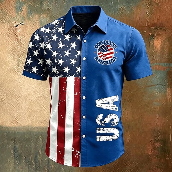 Dwelliawo Mens American Flag Distressed Print Button Up Shirt Independence Day Short Sleeve Casual Summer Beach Shirt Royal Blue L