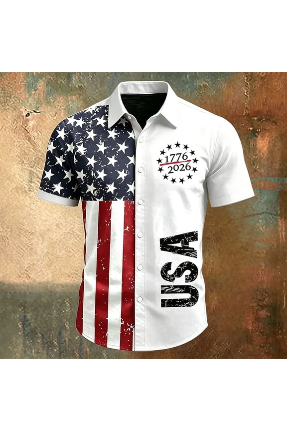 Mens American Flag Patriotic Button Up Shirt 1776 2026 USA Print Short Sleeve Casual Summer Party Shirt White L