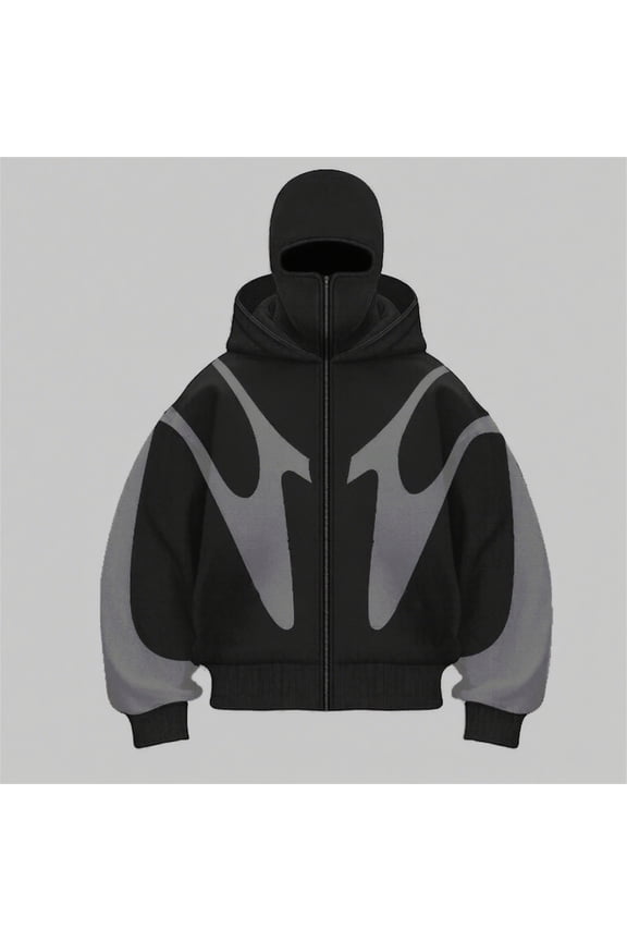 Mens Balaclava Hoodie with Mask Warm Face Y2k Double Layered Hoodies with Eye Mask Fashion Zip Up Hip Hop Jackets Gray L