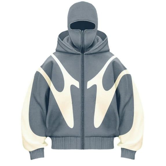 Dwelliawo Mens Balaclava Hoodie with Mask Zip Up Fashion Double Layered Hoodies with Eye Mask Y2k Warm Face Hip Hop Sweatshirts Light Gray 2XL