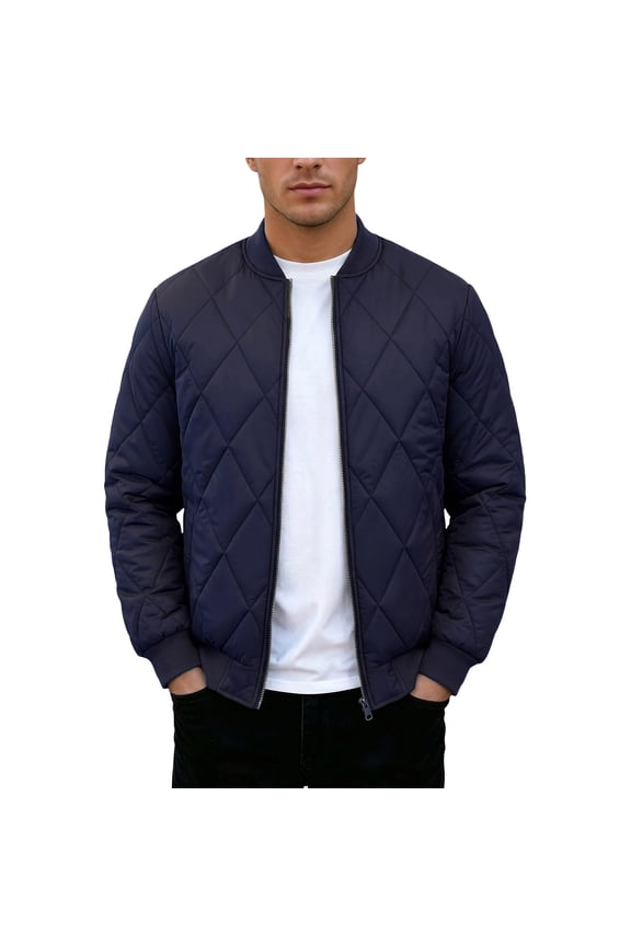 Mens Bomber Jackets Diamond Quilted Fall Winter Rib Varsity Lightweight Coat Fleece Lined Warm Padded OutwearNavy S