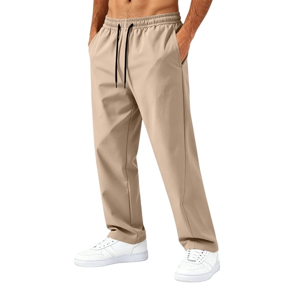 Dwelliawo Mens Breathable Casual Pants, Elastic Waist Drawstring Straight Leg Pants, Quick Dry Workout Pants For Daily Work Beige XL