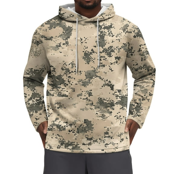 Dwelliawo Mens Camo Hoodie Military Fashion Hooded Sweatshirts Fleece Long Sleeve Drawstring Hoodies Pullover Camouflage Contrast Oversized Hoodie Beige 3XL