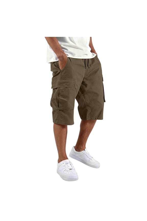 Mens Capri Pants Lightweight Capri 3/4 Pants Multi-Pockets Below Knee Shorts Cargo Travel Elastic Waist Long Pants Coffee 3XL