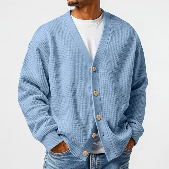 Dwelliawo Mens Cardigan Sweater Waffle Textured Long Sleeve Sweater Fall Spring Comfort Big and Tall Button Front Lightweight Sweaters Blue S