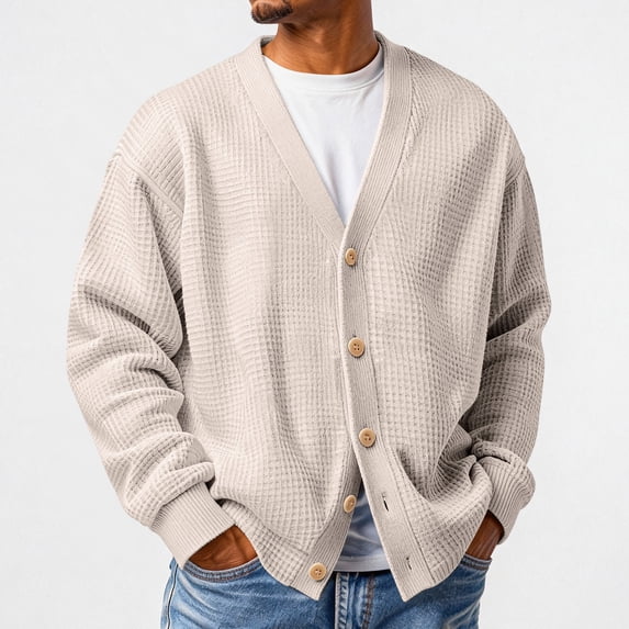Dwelliawo Mens Cardigan Sweater Waffle Textured V Neck Cardigan Sweater Fall Spring Oversized Casual Button Big and Tall Sweater Beige S