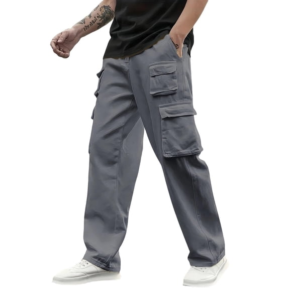 Dwelliawo Mens Cargo Pants Casual Wide Leg Hiking Pant Solid Color Work Trousers Classic Fit Jogging Trouser with Multi-Pockets Gray L