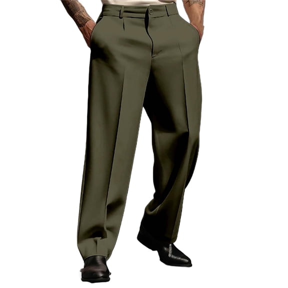 Dwelliawo Mens Casual Dress Pants Straight Leg Pleated Front Baggy Formal Casual Pant Regular Fit Stretch Wrinkle-Free Trousers Army Green L