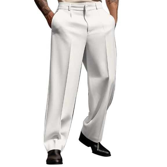 Dwelliawo Mens Casual Dress Pants Stretch Pleated Front Work Dress Regular Fit Old Money Pants Baggy Wrinkle-Free Chinos Trousers White XL