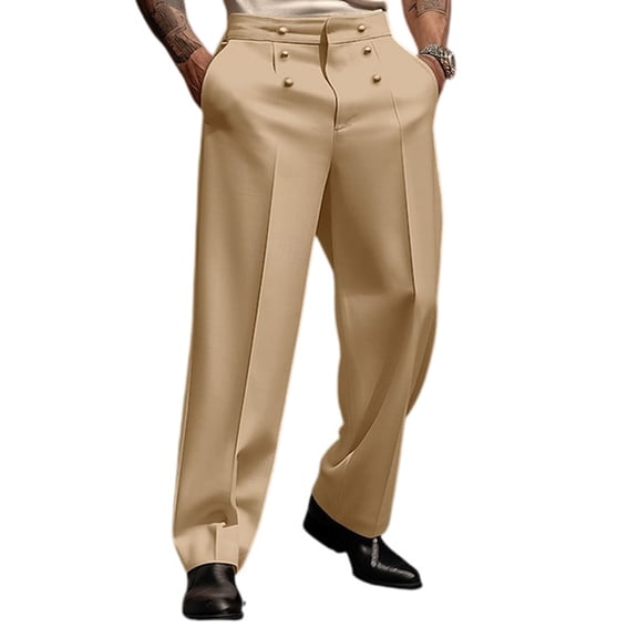 Dwelliawo Mens Casual Dress Pants Stretch Work Dress Regular Fit Lightweight Pleated Front Pants Baggy Straight Leg Wrinkle-Free Trousers Khaki 2XL