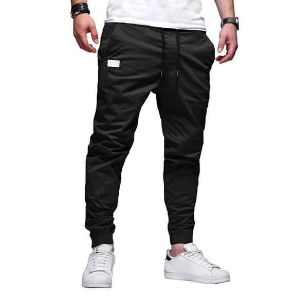 Dwelliawo Mens Casual Joggers Pants Drawstring Twill Track Casual Chino Pant Outdoor Hiking Elastic Waist Work Sweatpant Pants with Pockets Black L