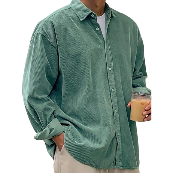 Dwelliawo Mens Casual Sweatshirt Corduroy Vintage Lapel Button Down Shirts Long Sleeve Oversized Shirt Loose Regular Fit Tops Pullover Green XXXL