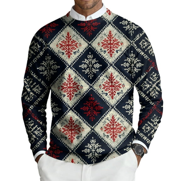 Dwelliawo Mens Christmas Sweaters Casual Long Sleeve Crewneck Sweater Knit Christmas Print Snowflake Xmas Sweaters Thick Fall Winter Pullover Sweaters Clearance Dark Blue XL