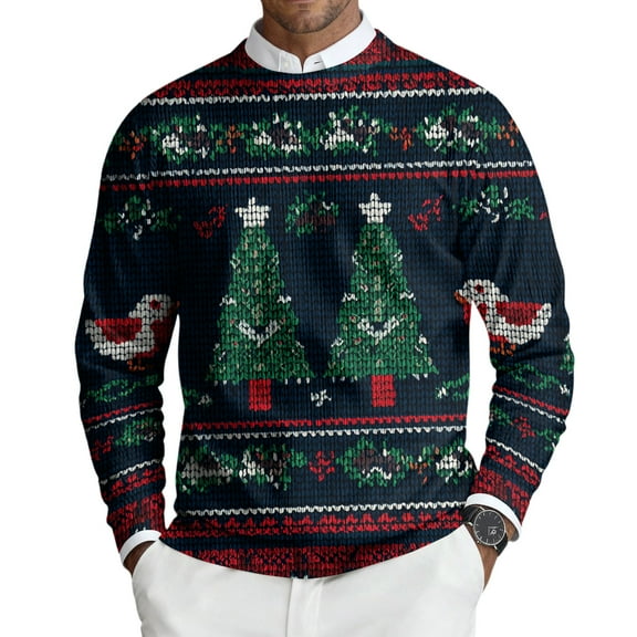 Dwelliawo Mens Christmas Sweaters Knitted Graphic Snowflake Christmas Print Sweaters Lightweight Ribbed Long Sleeve Sweater Relax Fit Fall Winter Pullover Sweaters Clearance Navy XL