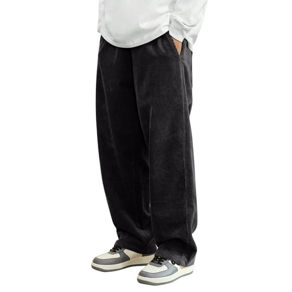 Dwelliawo Mens Corduroy Pants Drawstring Elastic Waist Pant Straight Leg Baggy Pants Casual Loose Trousers Autumn Pantalones with Pockets Black L