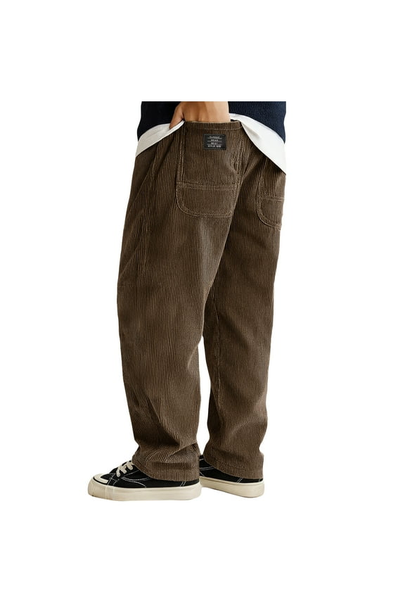 Mens Corduroy Pants Drawstring Elastic Waist Pants Wide Leg Straight Casual Pant Baggy Loose Fit Trousers Ribbed Pantalones with Pockets Coffee L