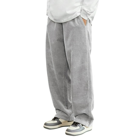 Dwelliawo Mens Corduroy Pants Drawstring Elastic Waist Pants Wide Leg Straight Casual Pant Baggy Loose Trousers Autumn Pantalones with Pockets Light Gray 3XL