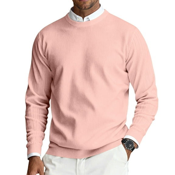 Dwelliawo Mens Crewneck Sweater Long Sleeve Ribbed Sweaters Casual Knitted Relax Fit Lightweight Sweater Thick Pullover Sweaters Pullover Sweater Clearance Pink M