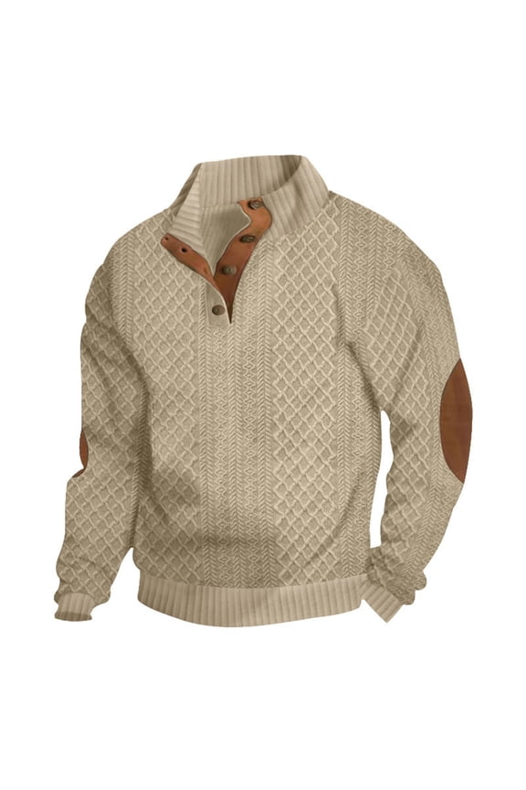 Mens Fall Winter Sweater 1/4 Button Up Vintage Collar Knitted Sweaters with Elbow Patches Fall Winter Long Sleeve Pullover Sweater Khaki M