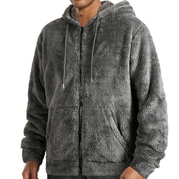Dwelliawo Mens Fuzzy Sherpa Hoodie Fashion Fleece Jacket Full Zip Hooded Hooded Sweatshirts Fuzzy Long Sleeve Coat with Pockets Gray 2XL