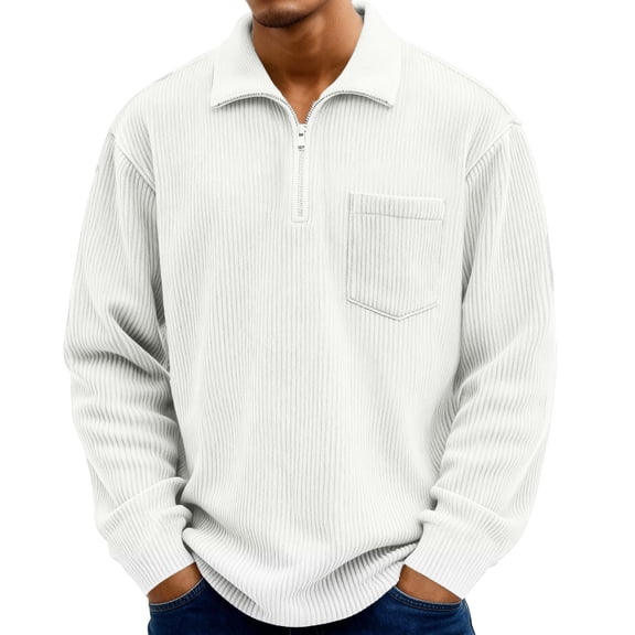 Dwelliawo Mens Half Zip Pullover Casual Collared Quarter Zip Pullover Tops Fall Spring Long Sleeve Sweatshirts Textured Corduroy Sweatshirt White 4XL
