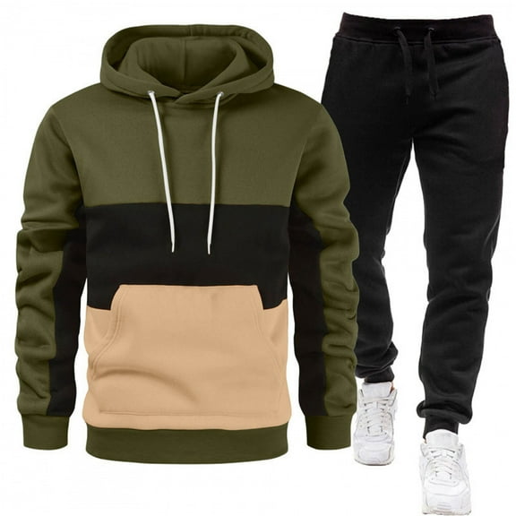 Dwelliawo Mens Hoodie Sweatsuit 2 Piece Color Block Fleece Hoodie Joggers Running Pants Set Relaxed Fit Winter Suit with Pockets Clearance Army Green L