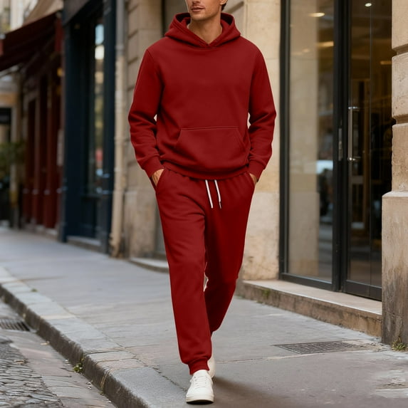 Dwelliawo Mens Hoodie Sweatsuit 2 Piece Heavyweight Solid Color Casual Pullover Hoodies Jogging Athletic Pant Set Fleece Fall Suits with Pockets Wine L