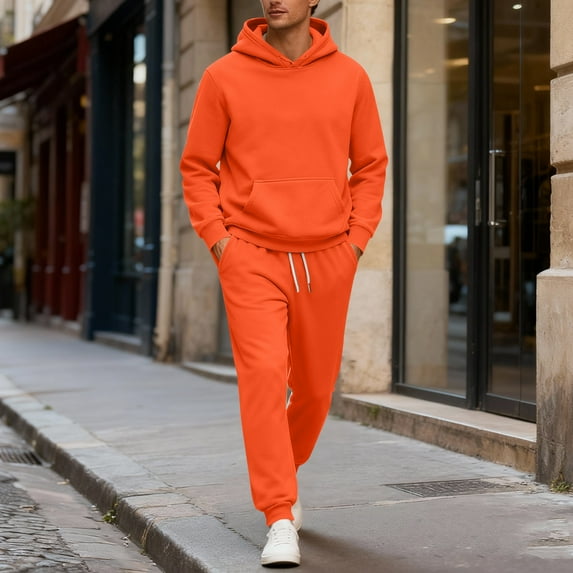 Dwelliawo Mens Hoodie Sweatsuit 2 Piece Heavyweight Solid Color Fleece Hoodie Jogging Sport Pants Set Casual Fall Winter Suits with Pockets Saffron 2XL