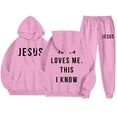thumbnail image 1 of Dwelliawo Mens Hoodie Sweatsuit 2 Piece Jesus Loves Me This I Know Sweat Hoodie Joggers Running Pant Set Fleece Winter Suit with Pockets Pink M, 1 of 2