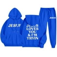 thumbnail image 1 of Dwelliawo Mens Hoodie Sweatsuit 2 Piece Jesus Loves You and I'm Trying Fleece Hoodie Jogging Athletic Pant Set Relaxed Fit Fall Winter Suits with Pockets Blue L, 1 of 2
