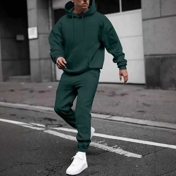 Dwelliawo Mens Hoodie Sweatsuit 2 Piece Solid Color Fleece Hoodie Joggers Running Pant Set Sweat Fall Suit with Pockets Dark Green 2XL