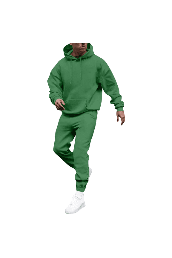 Mens Hoodie Sweatsuit 2 Piece Solid Color Fleece Hoodie Joggers Sport Pant Set Sweat Fall Winter Suit with Pockets Green 3XL