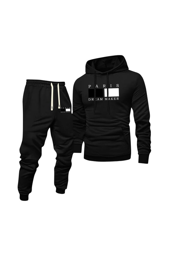 Mens Hoodie Sweatsuit 2 Piece Solid Color Fleece Hoodie Joggers Sport Pants Set Casual Fall Winter Suit with Pockets Black 3XL