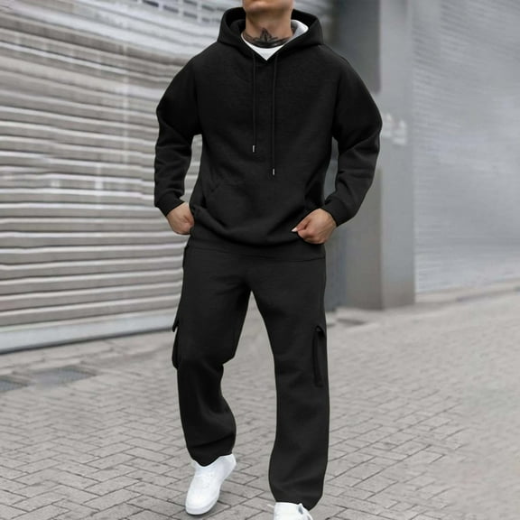 Dwelliawo Mens Hoodie Sweatsuit 2 Piece Solid Color Fleece Pullover Hoodies Joggers Athletic Pant Set Sweat Winter Suit with Pockets Black L