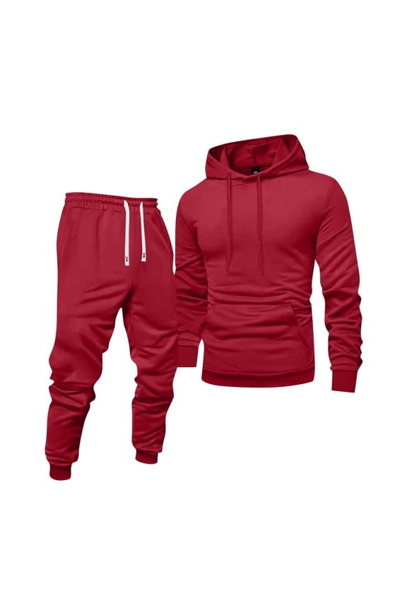 Mens Hoodie Sweatsuit 2 Piece Solid Color Sweat Hoodie Joggers Running Pant Set Fleece Winter Suits with Pockets Red 2XL