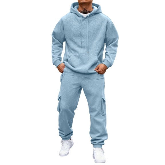 Dwelliawo Mens Hoodie Sweatsuit 2 Piece Solid Color Sweat Hoodie Jogging Sport Pants Set Relaxed Fit Fall Winter Suit with Pockets Light Blue 3XL