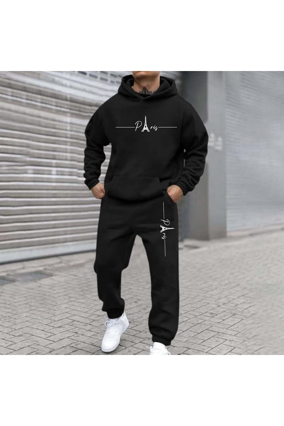 Mens Hoodie Sweatsuit 2 Piece Solid Color Sweat Pullover Hoodies Jogging Sport Pants Set Fleece Winter Suits with Pockets Black XL