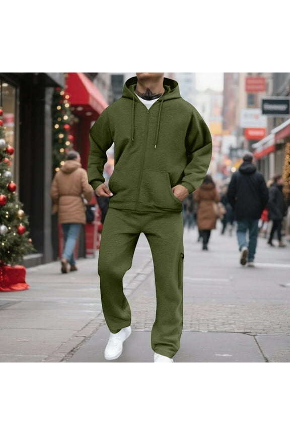 Mens Hoodie Sweatsuit 2 Piece Solid Color Zipper Fleece Pullover Hoodies Joggers Running Pant Set Casual Fall Suit with Pockets Army Green S