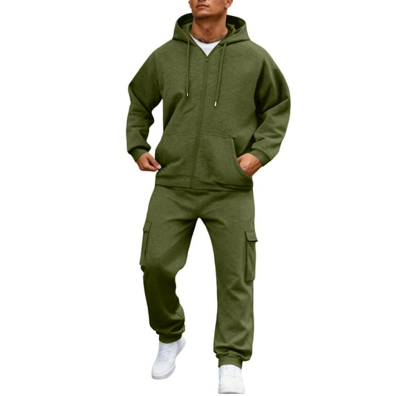 Dwelliawo Mens Hoodie Sweatsuit 2 Piece Solid Color Zipper Relaxed Fit Pullover Hoodies Jogging Athletic Pant Set Casual Fall Winter Suits with Pockets Army Green L