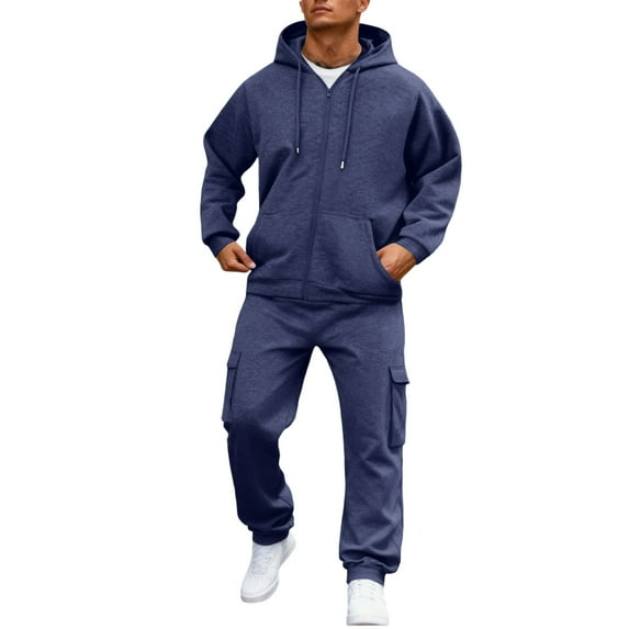 Dwelliawo Mens Hoodie Sweatsuit 2 Piece Solid Color Zipper Casual Pullover Hoodies Cargo Pants Running Pants Set Fleece Fall Suit with Pockets Navy 2XL