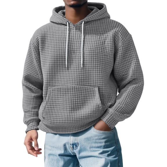 Dwelliawo Mens Hoodies Long Sleeve Waffle Drawstring Solid Color Hooded Sweatshirts Big and Tall Fashion Winter Fall Hoodie Pullover with Hood Gray L
