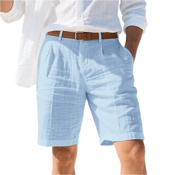 Dwelliawo Mens Line Cotton Shorts Casual Straight Leg Pleat-Front Linen Dress Shorts Loose Fit Travel Pants Cotton Linen 9" Flat Front Lightweight Light Blue XL