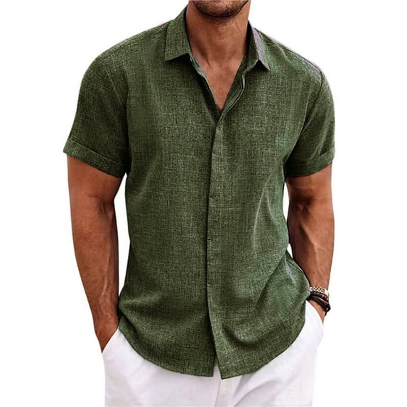 Dwelliawo Mens Linen Shirt Casual Fashion Dress Shirt Fall Cotton Linen Classic Fit Clothes Short Sleeve Button Down Shirts with Chest Pocket Army Green XL