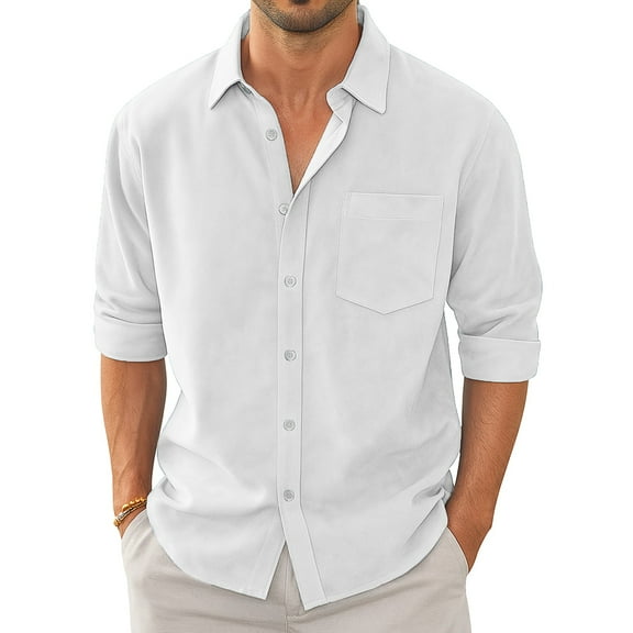 Dwelliawo Mens Linen Shirt Long Sleeve Button Down Shirts Casual Fashion Dress Shirt Fall Cotton Linen Classic Fit Clothing with Pocket White M